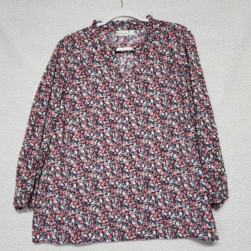 Kim Rogers Womens Floral Blouse Size L Multicolor Pullover Pleated Long Sleeve